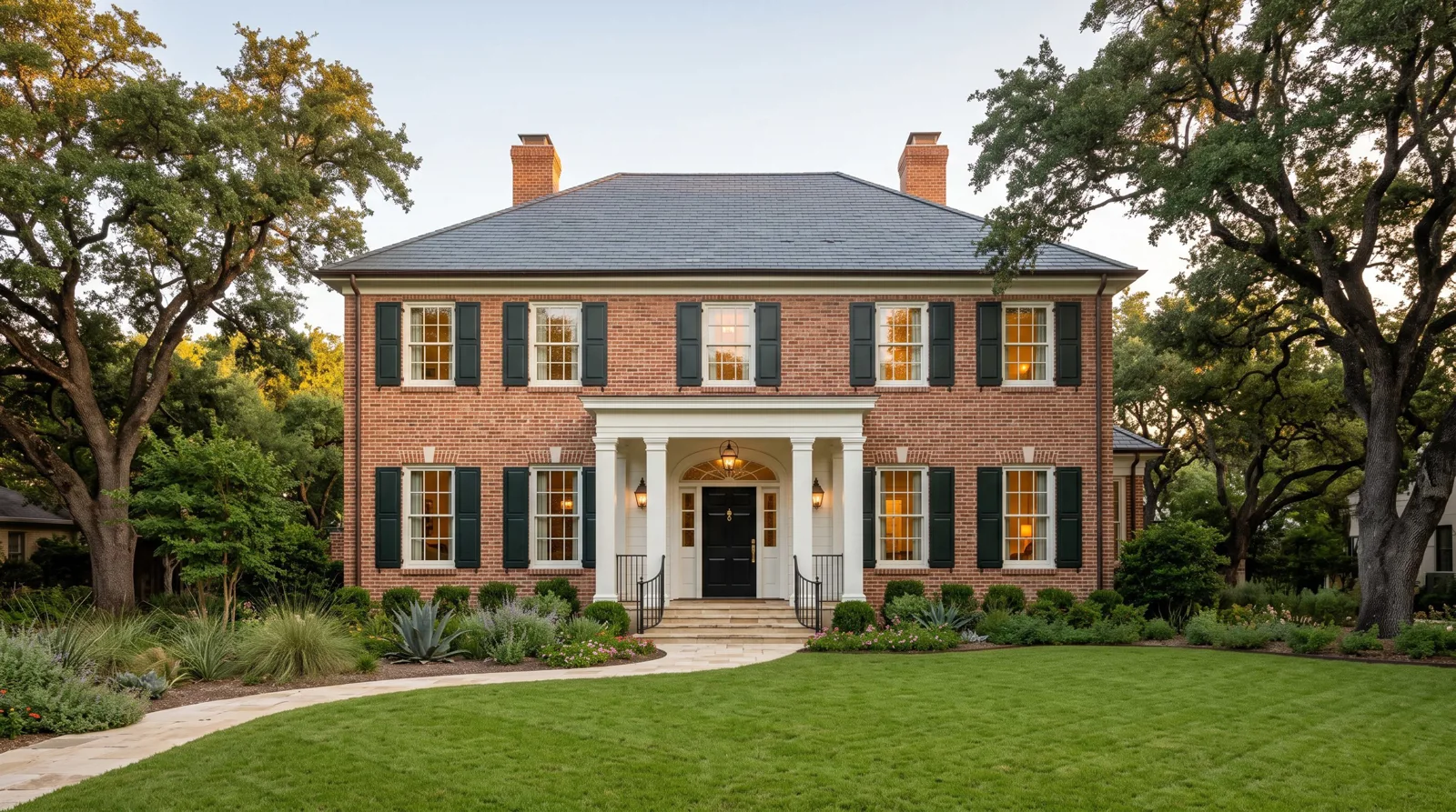 Front exterior of a two-story brick house with a columned entrance and landscaped lawn.