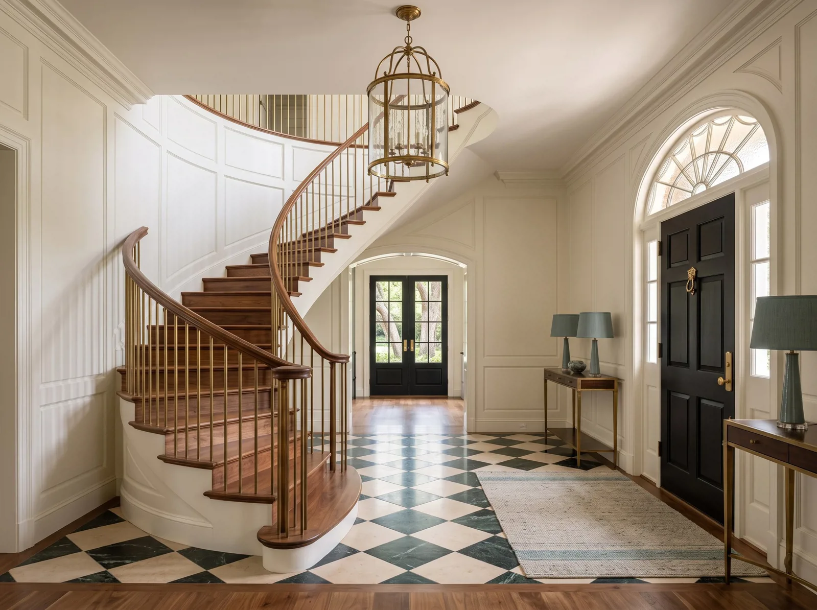 Entry hall with a curved staircase, arched front doorway, and checkered floor.