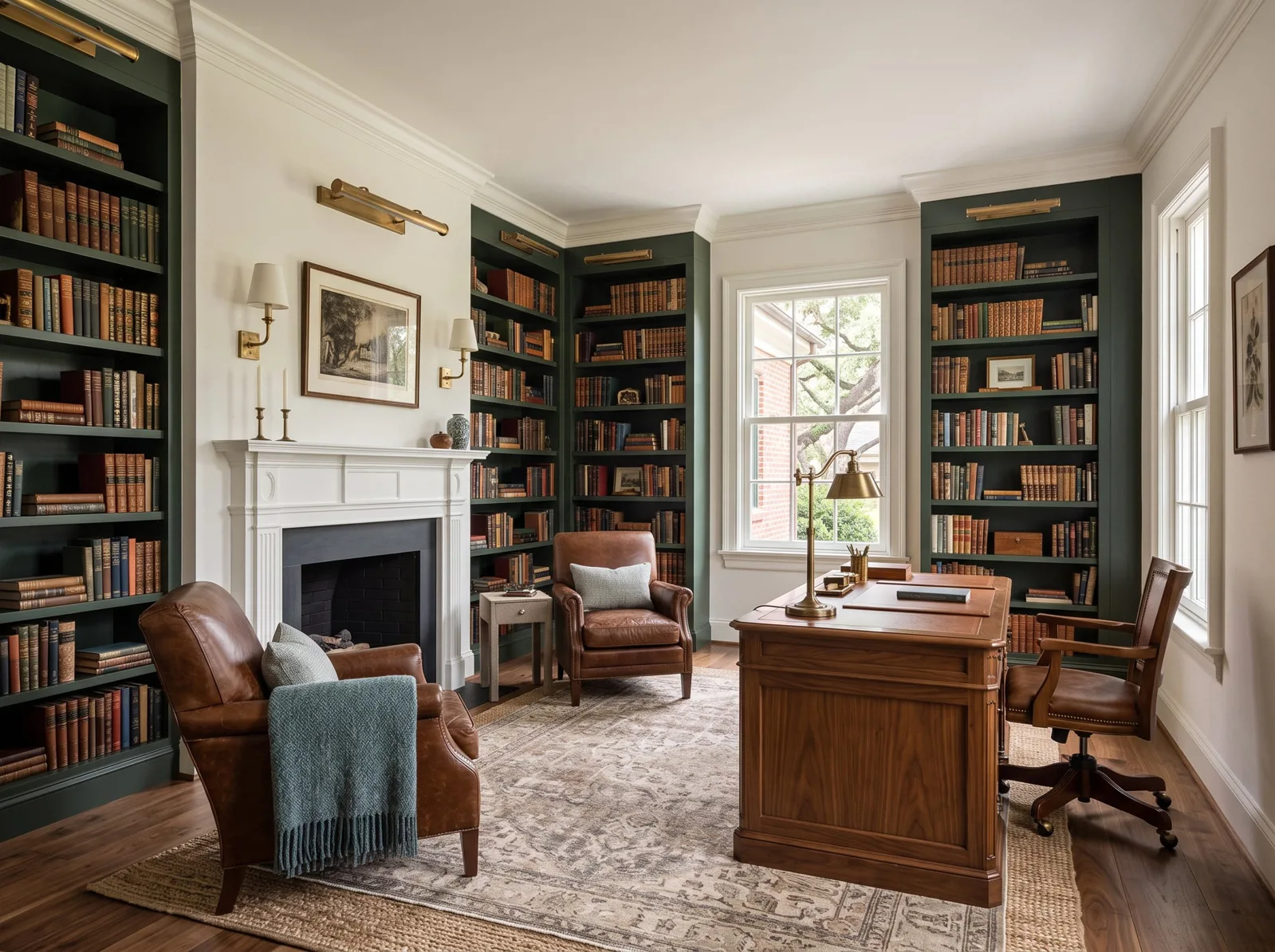 Study with built-in bookshelves, fireplace, desk, and leather seating.