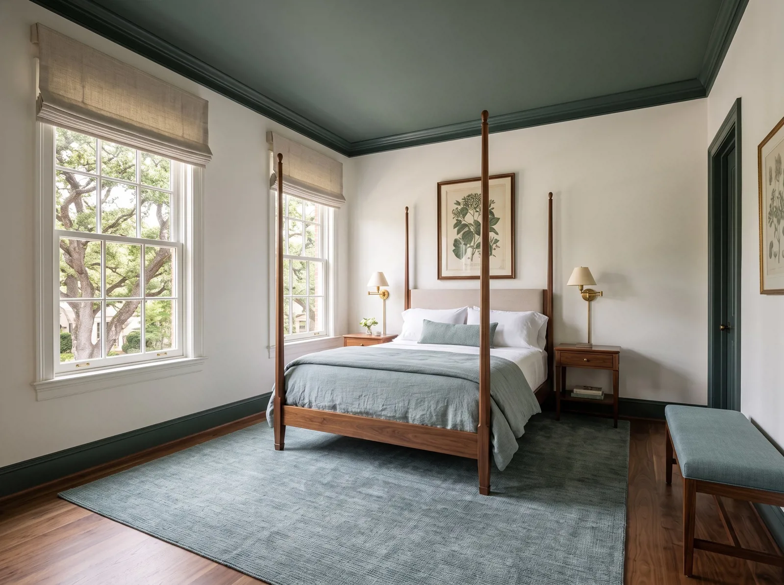 Bedroom with a four-poster bed, two tall windows, and a dark green ceiling.